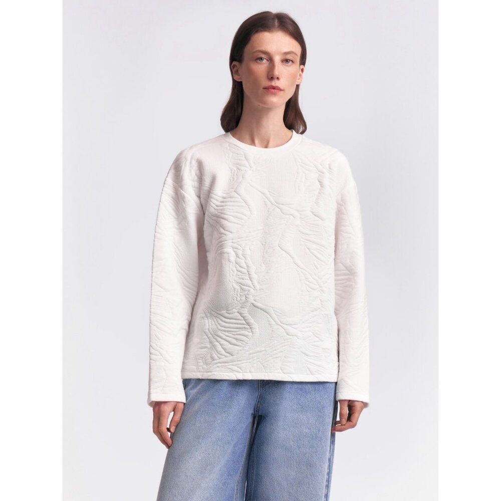 Zara Womens Sweatshirt L White Quilted Crewneck Pullover Modern 4770/668 NWT